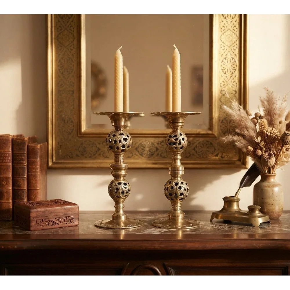 Vintage Brass Openwork Lattice Candlestick Holders Ornate Pierced Set of 2 9in